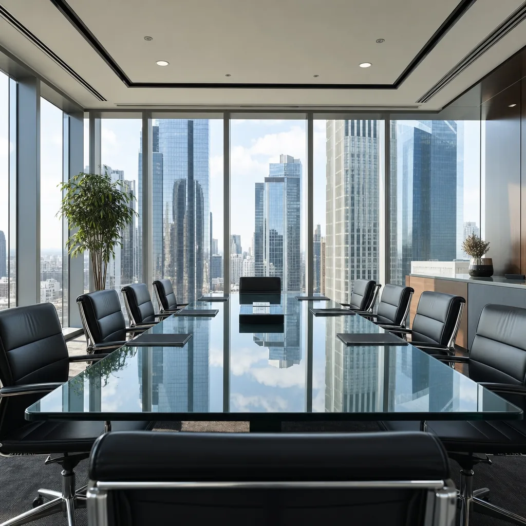Modern London office building with abstract blue light reflections