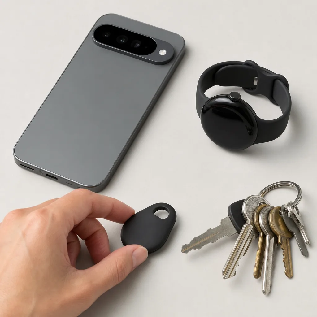 Four smartphones, a round smartwatch and a small Bluetooth tracker arranged in a studio