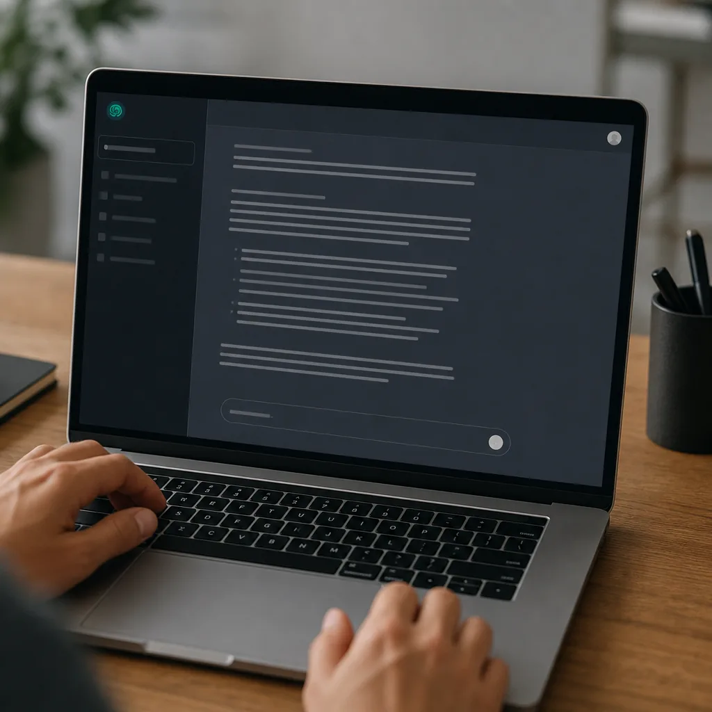 Person typing a search query on a laptop with a glowing search bar on screen