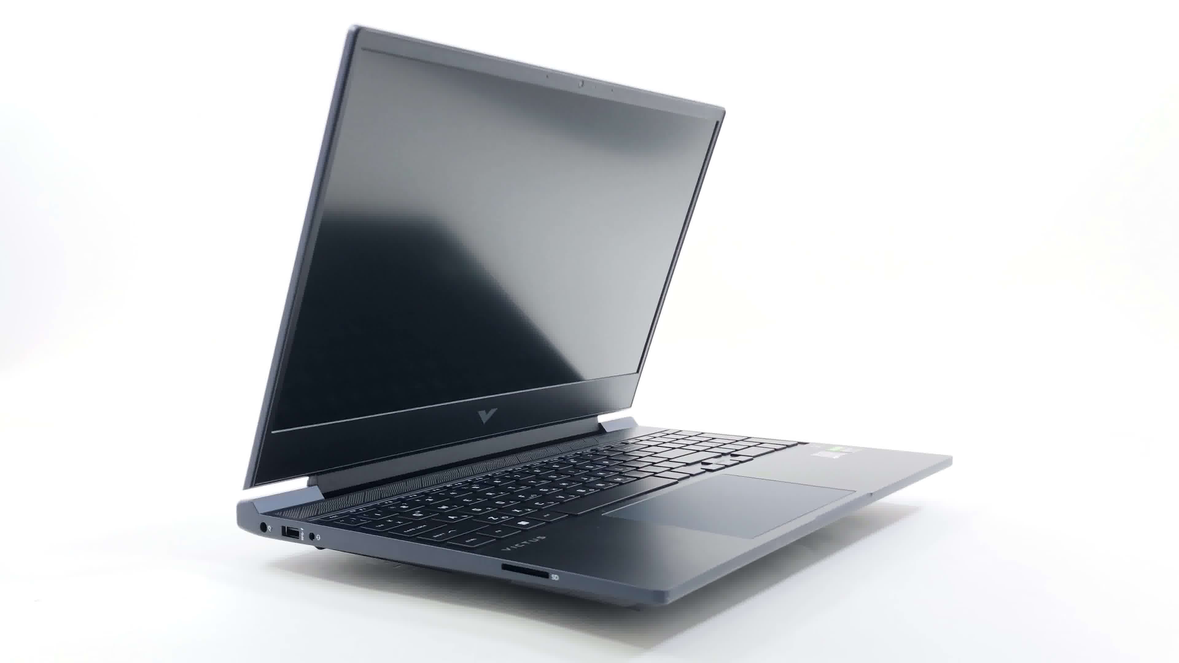 Hero image of Clean official product shot of the HP Victus 15 gaming laptop 2026, lid open showing display and keyboard, front-facing on a neutral background