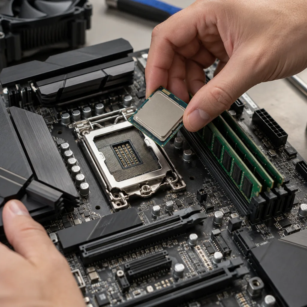 PC motherboard with memory modules and processor socket