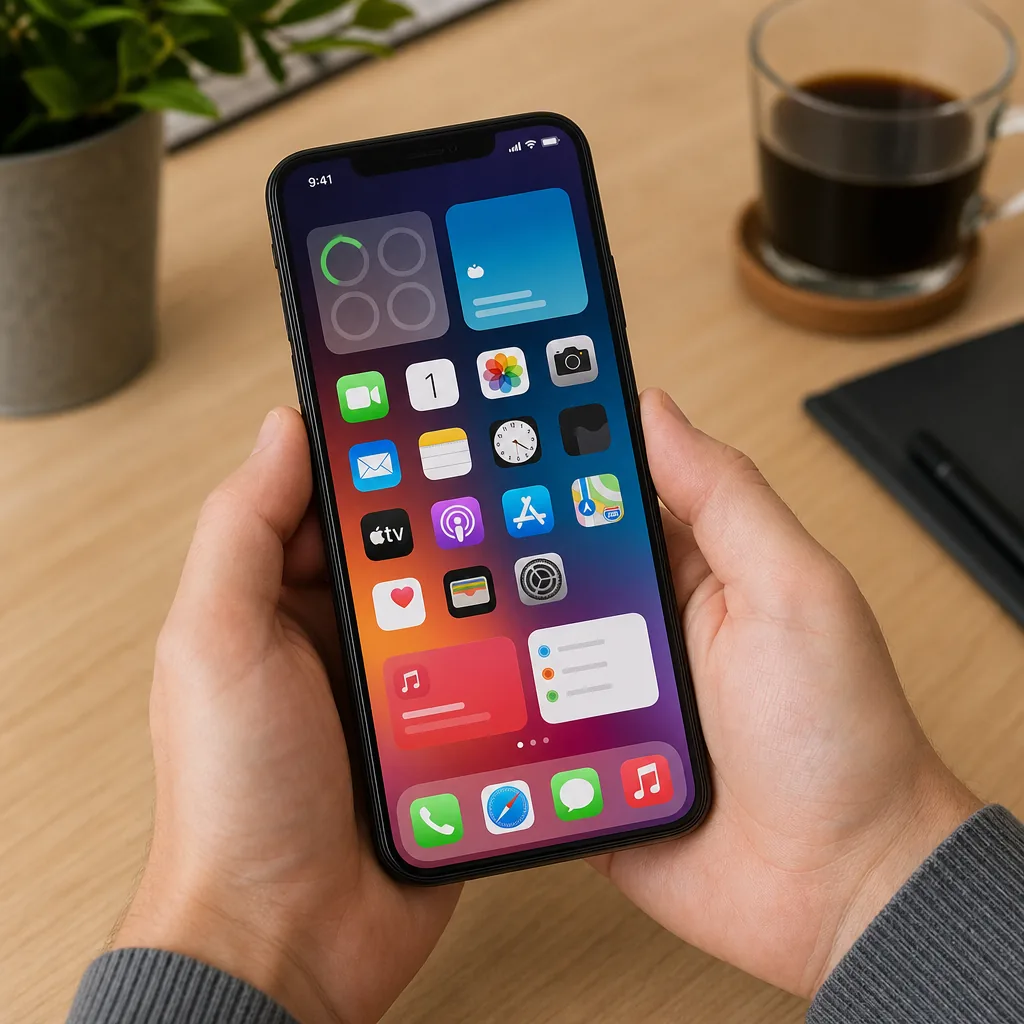 Hands holding a smartphone showing a modern mobile operating system home screen