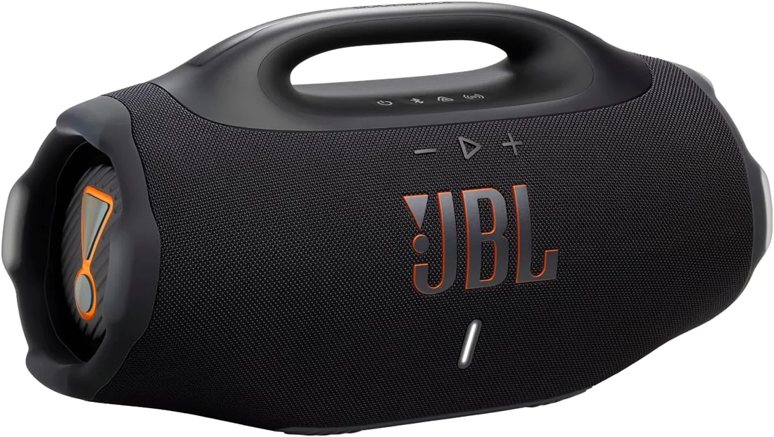 JBL Boombox 4 in black, side view showing the JBL logo and exposed passive radiators