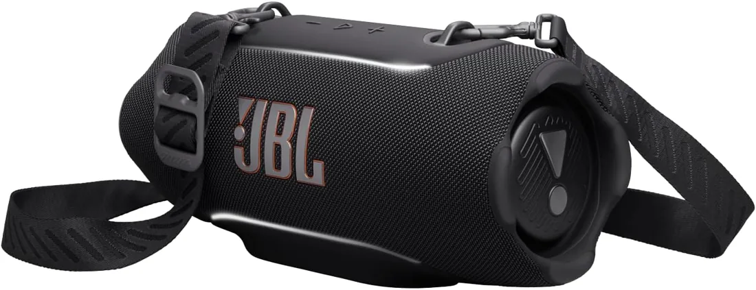 JBL Xtreme 5 in black with its shoulder strap attached