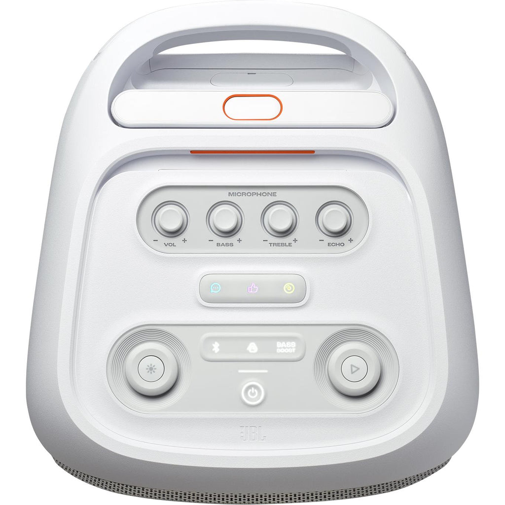 Top-down close-up of the JBL PartyBox Stage 320 control panel showing microphone EQ knobs and bass-boost controls