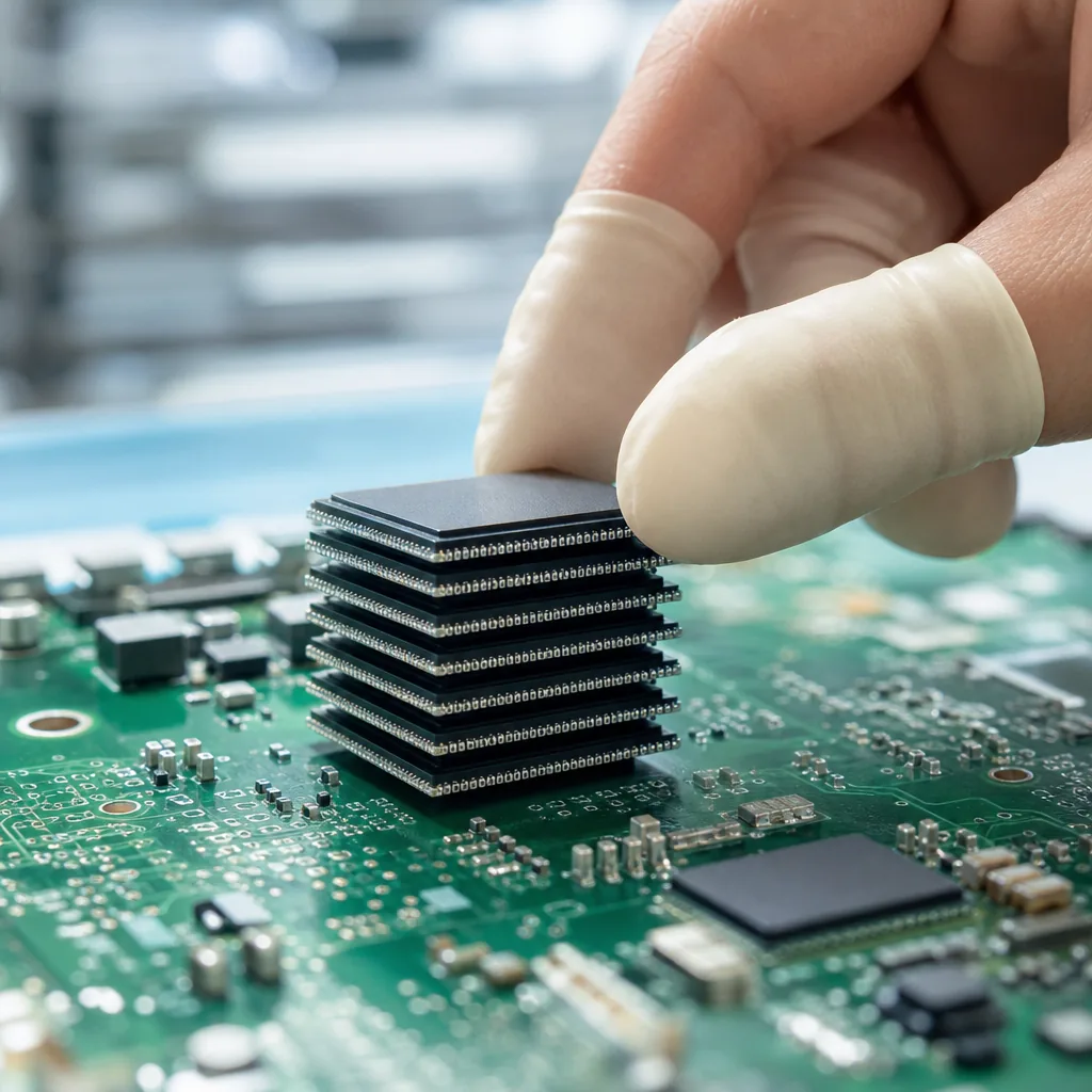 Advanced chip package with stacked memory modules around a processor