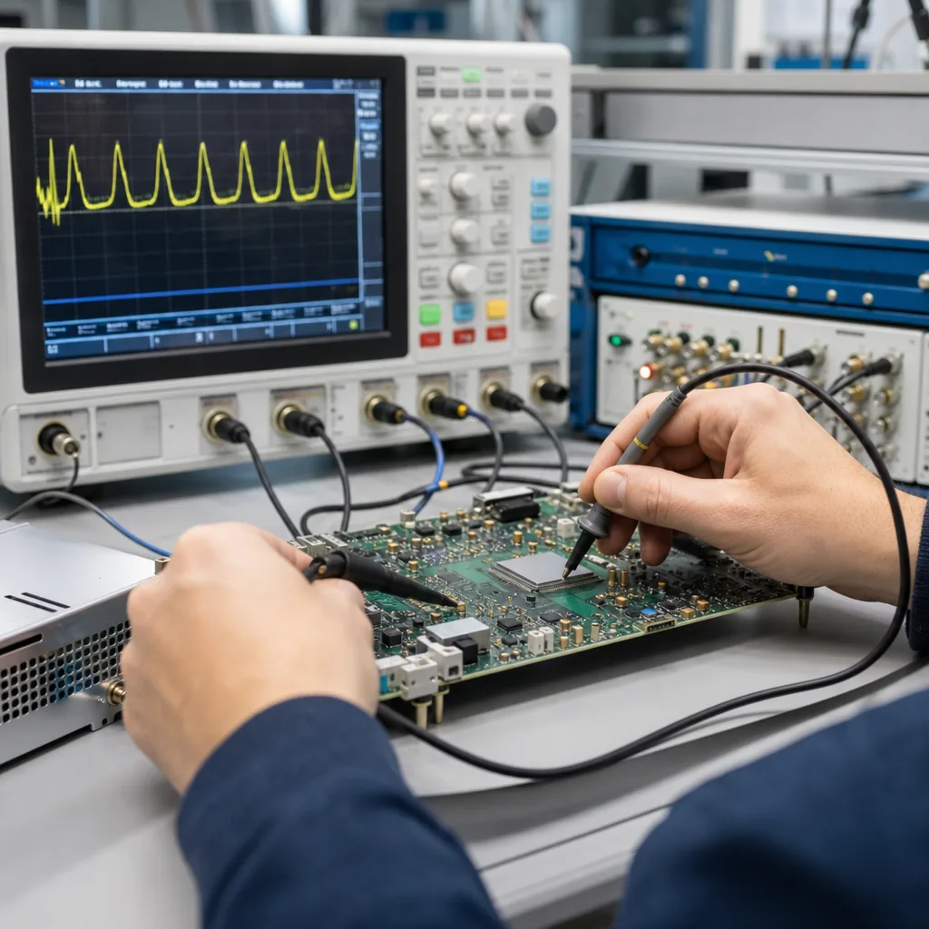 Engineer testing a circuit board with laboratory measurement equipment