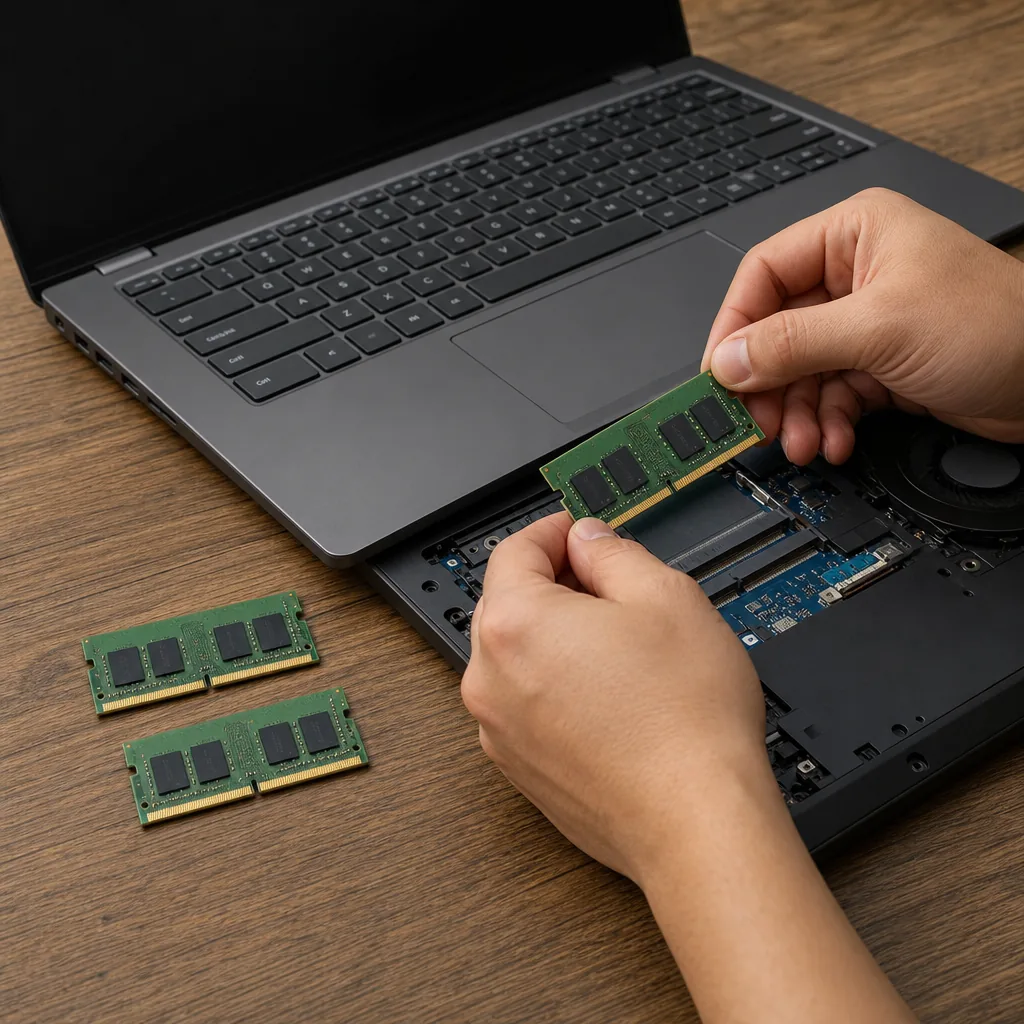 DDR5 laptop memory modules beside an open laptop