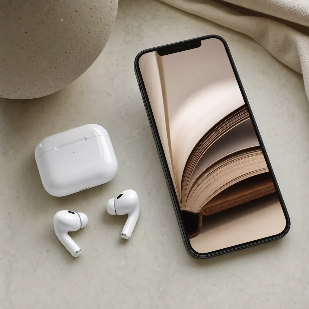 Person wearing white wireless earbuds while looking at a book