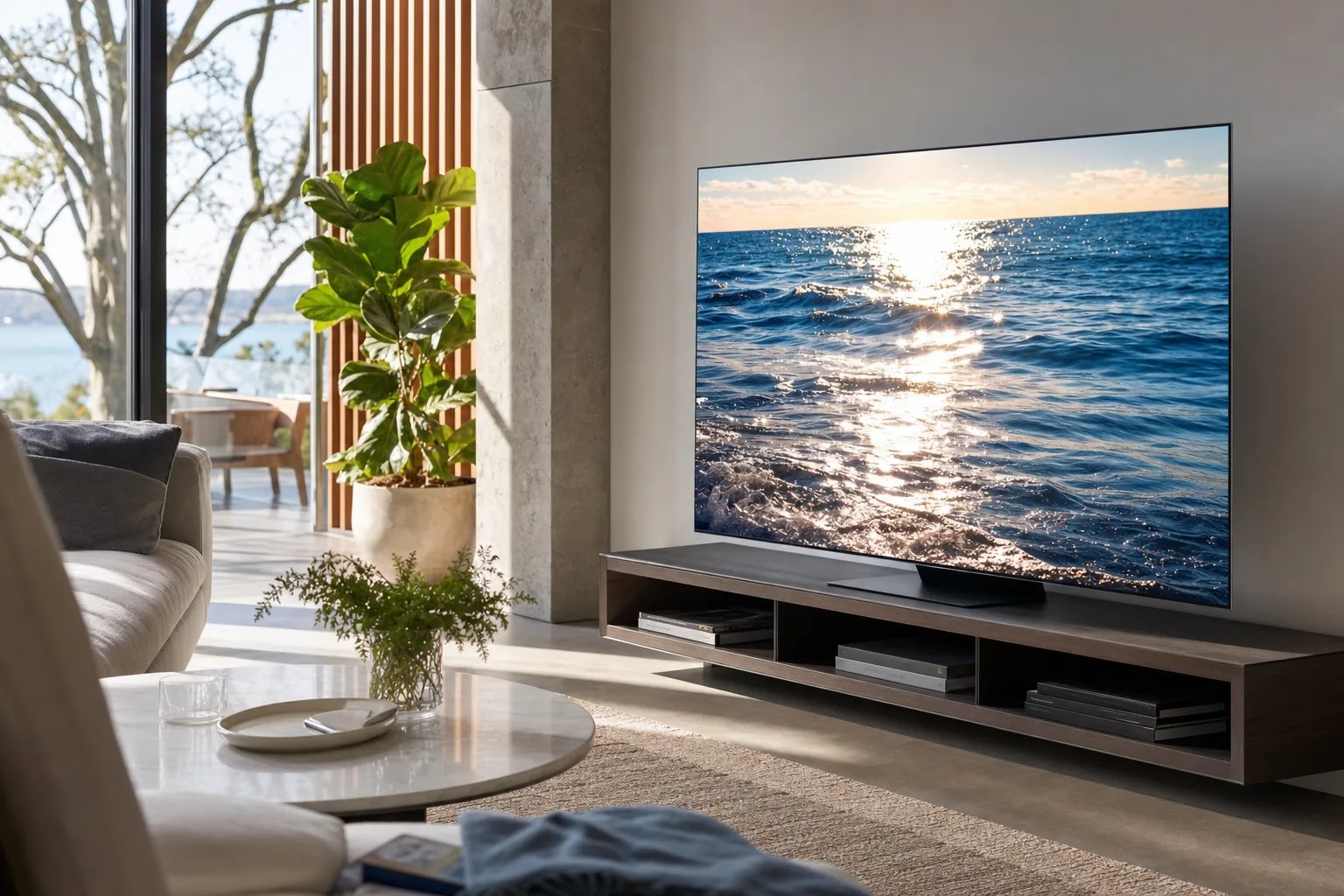 An OLED TV showing a bright, high-contrast HDR nature scene in a sunlit living room with windows