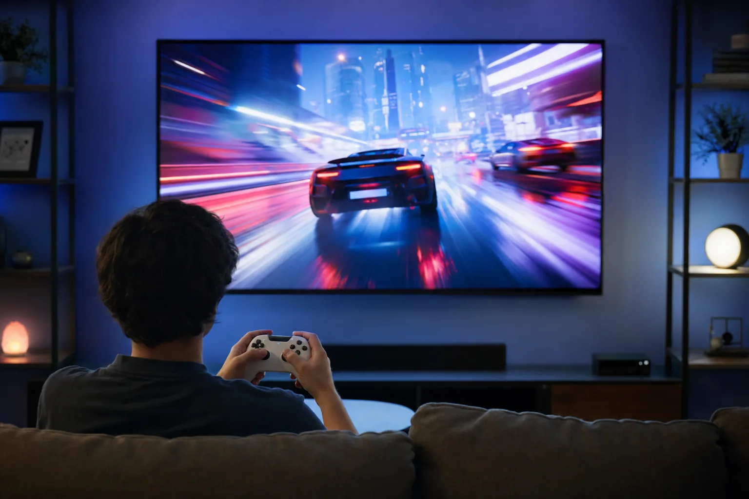 A gamer holding a controller in front of a large OLED TV displaying a fast-paced racing game