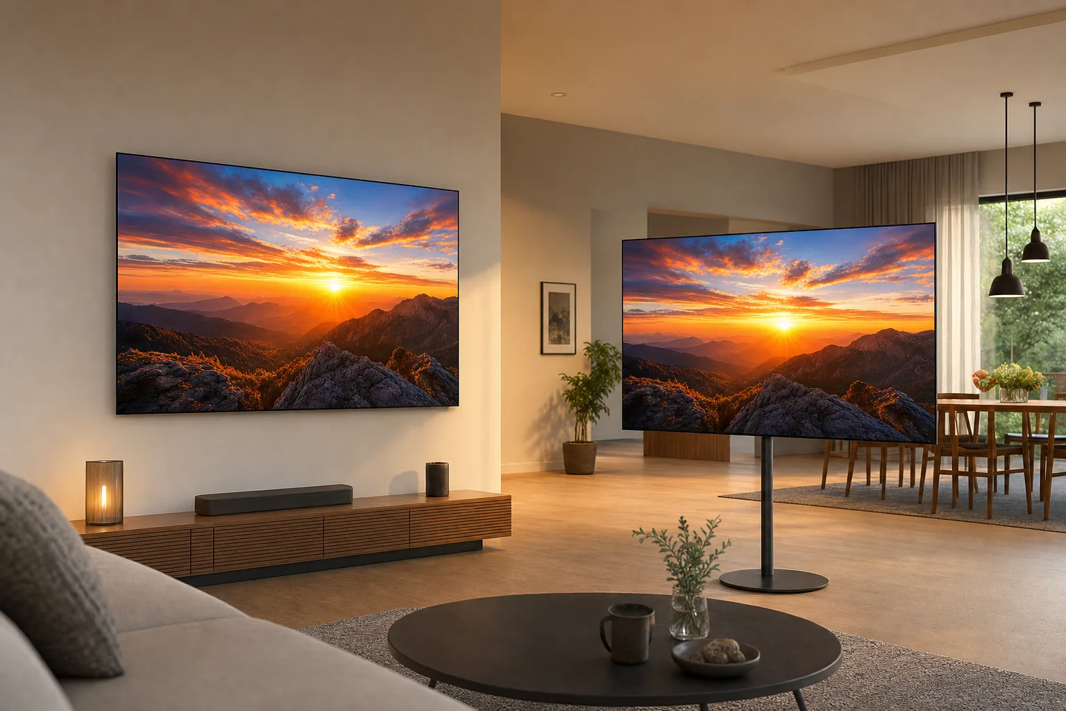 An LG OLED TV and a Samsung QD-OLED TV side by side in a living room, both showing a vivid HDR sunset