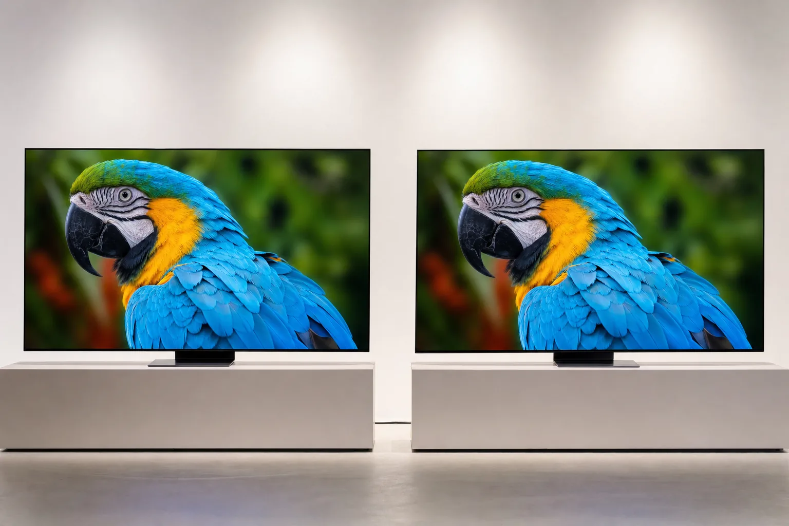 Two mid-range OLED TVs on stands in a bright showroom, showing colourful nature footage
