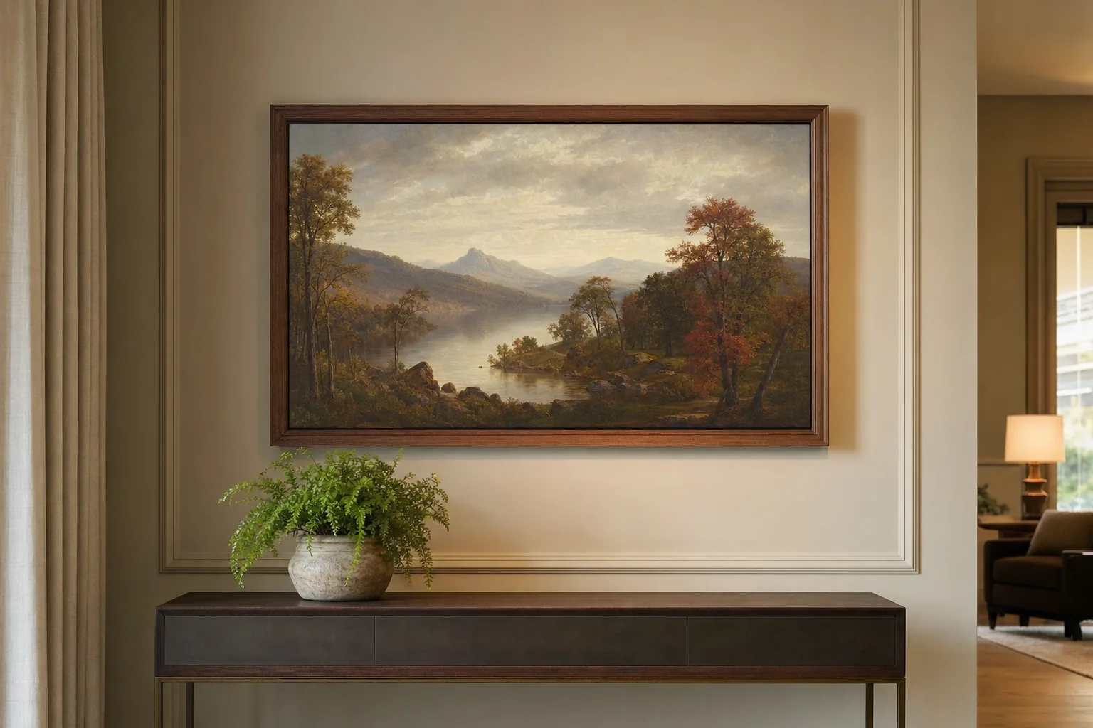 Samsung The Frame TV mounted flush on a wall displaying a classic painting, looking like framed art
