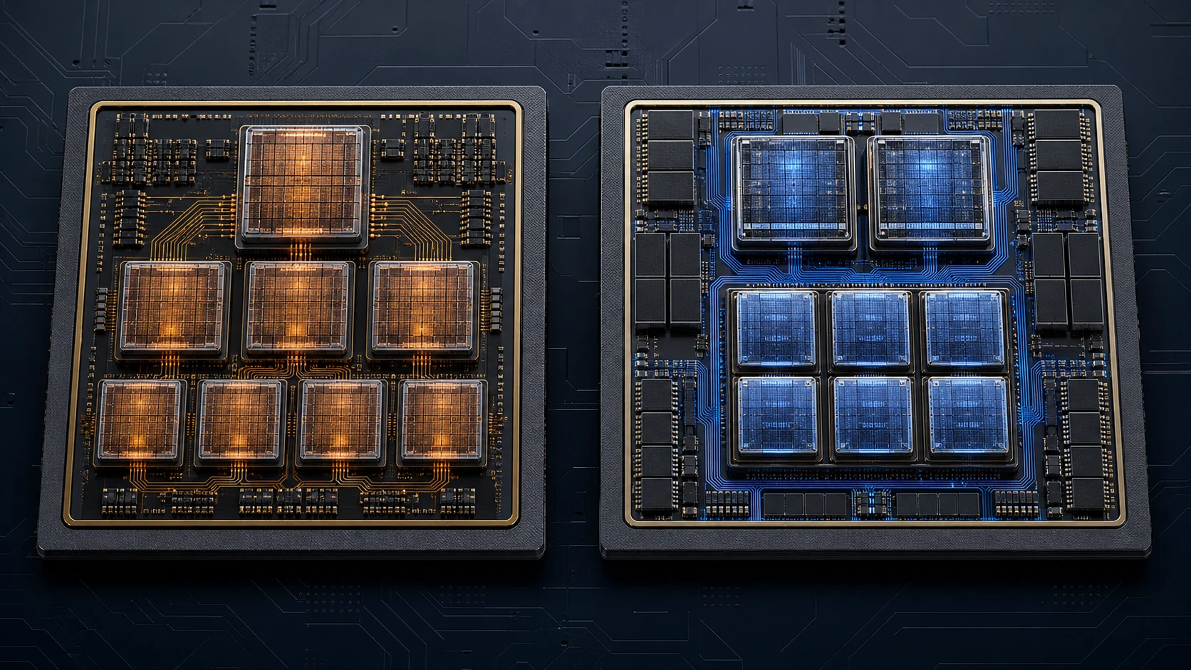 Conceptual cutaway comparing an eight-core mobile processor layout with a flagship two-prime-core design