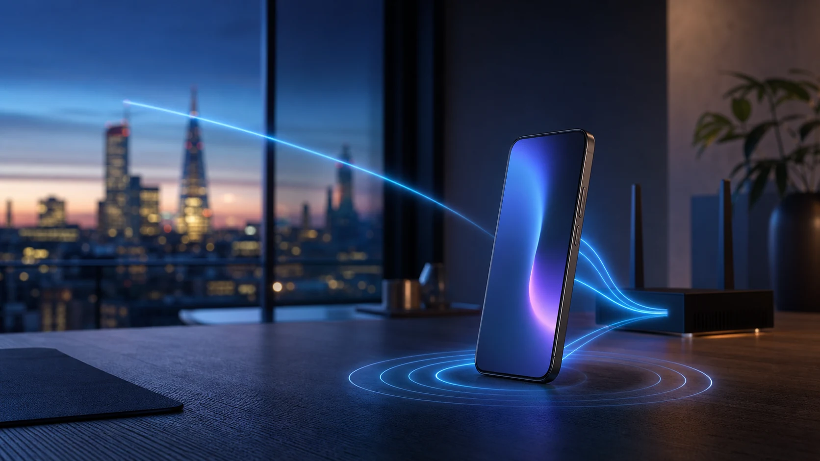 Smartphone receiving layered mobile and Wi-Fi signals in a city apartment