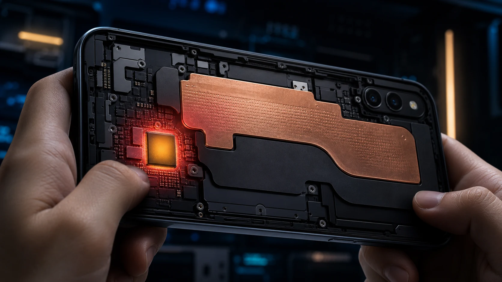 Cutaway smartphone showing processor heat spreading into a copper vapour chamber during gaming
