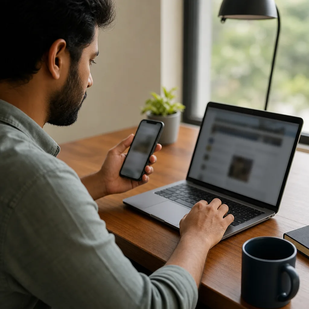 Person using a smartphone and laptop for online tasks