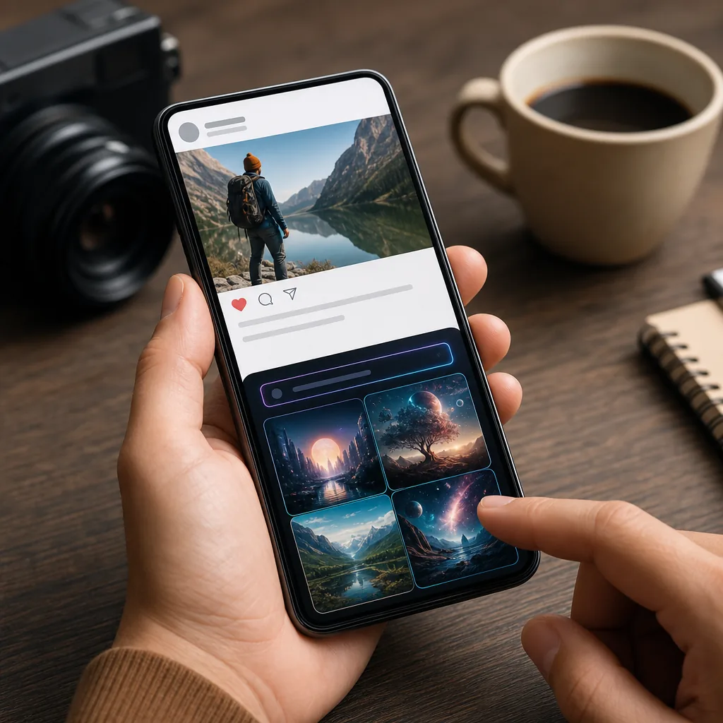 Smartphone showing generic social media and AI image-creation screens