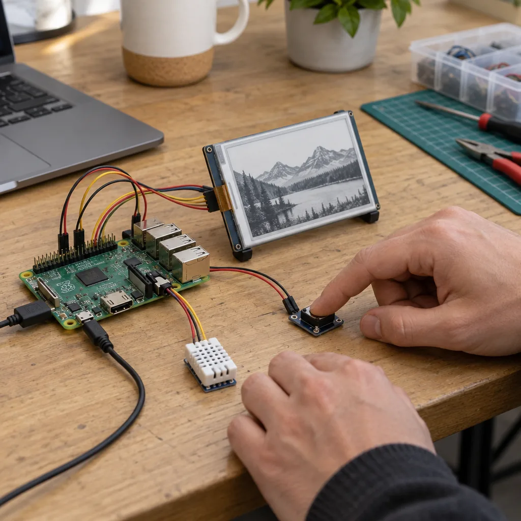 A Raspberry Pi connected to an e-ink display, button and sensor on a workbench