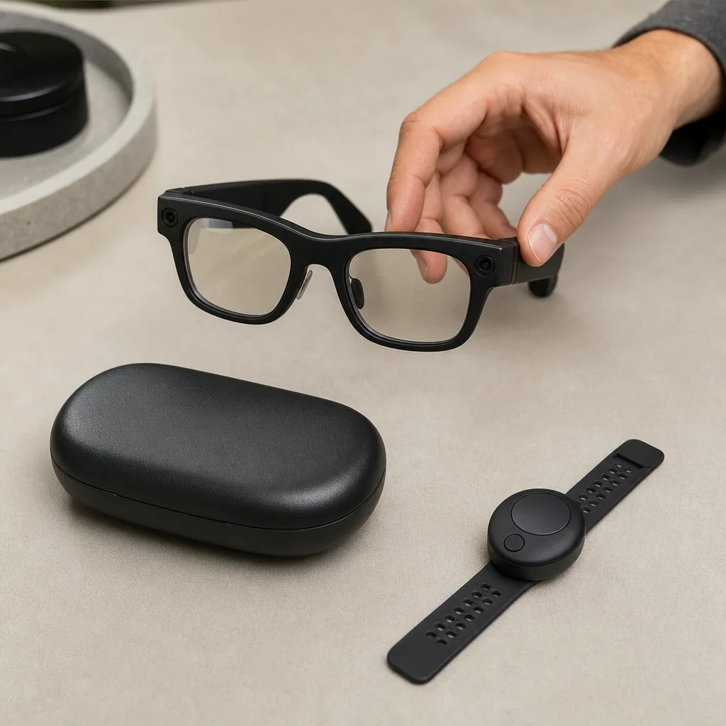 Black smart glasses with a charging case and wrist controller