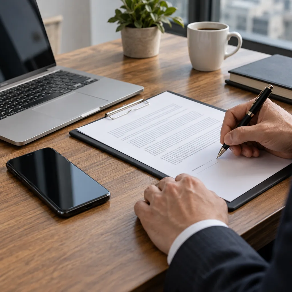 Laptop, smartphone and business contract on a desk