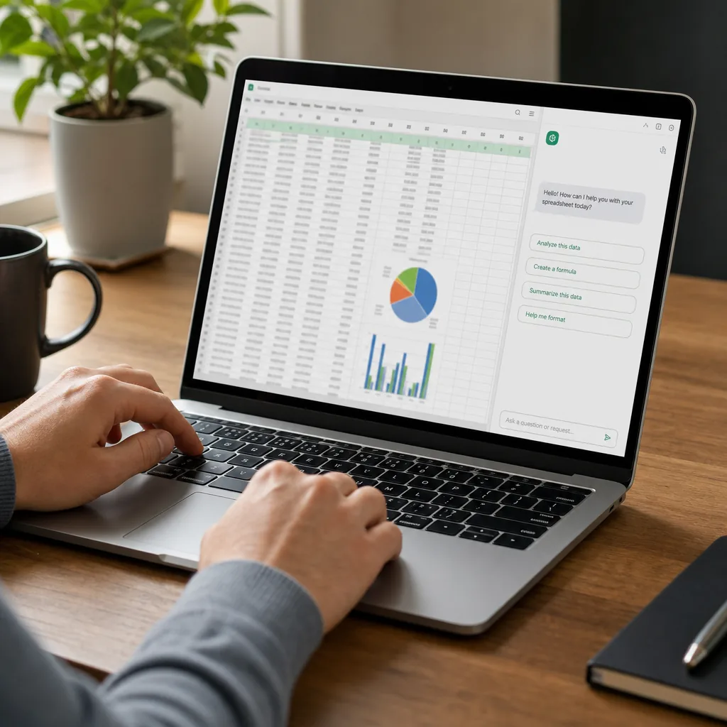 Laptop displaying an AI-assisted spreadsheet on an office desk