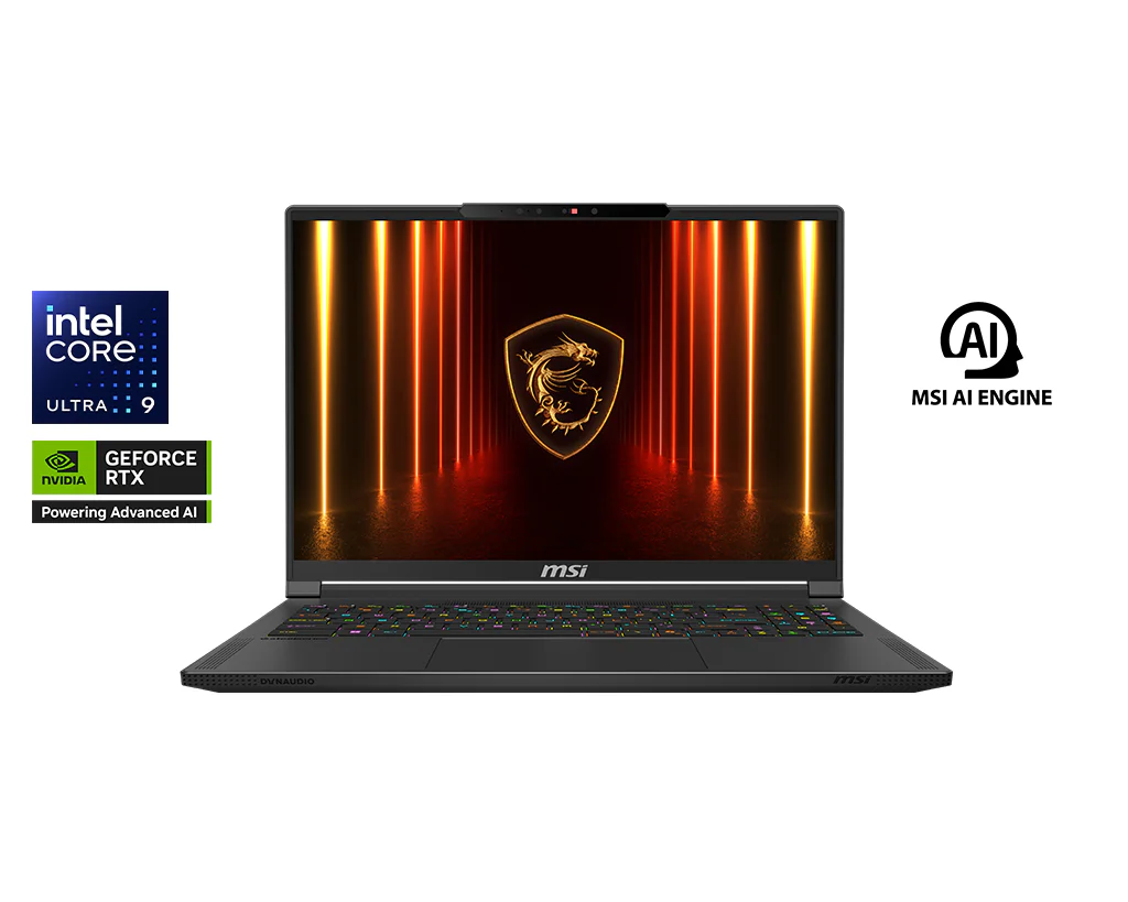 Design Overview image of Straight-on front view of the MSI Stealth 16 AI Plus 2026 with the screen illuminated, showing the display bezel and keyboard deck clearly
