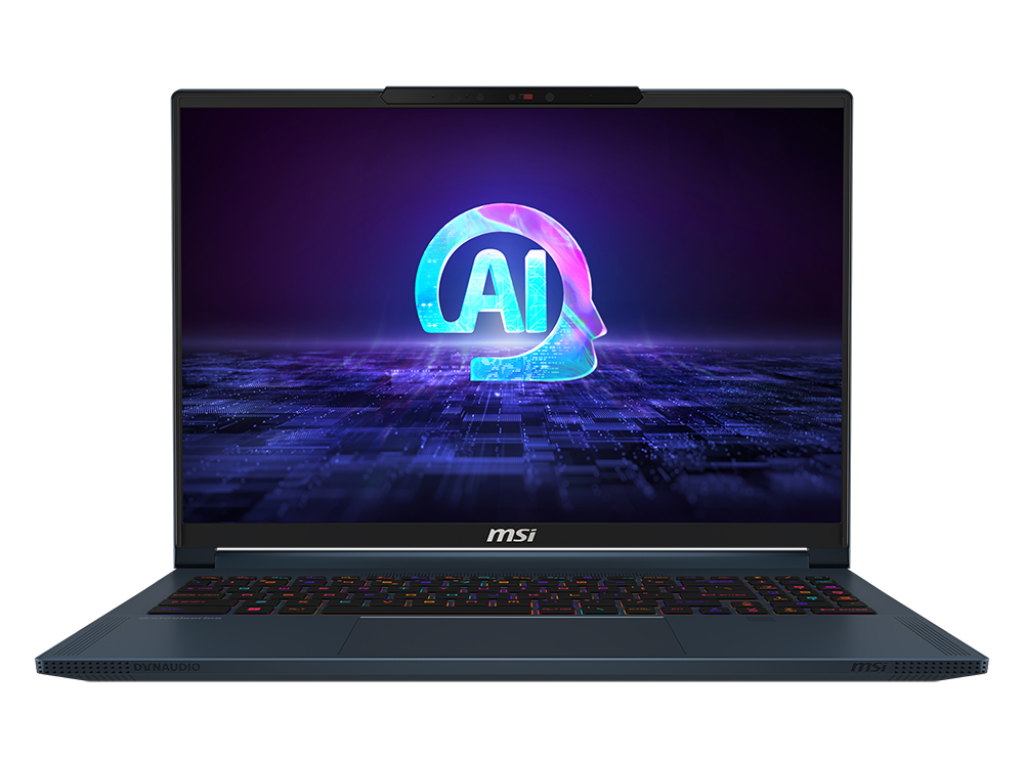 Hero image of Clean official press or review photo of the MSI Stealth 16 AI Plus 2026 laptop, lid open, on a neutral background showing the full product