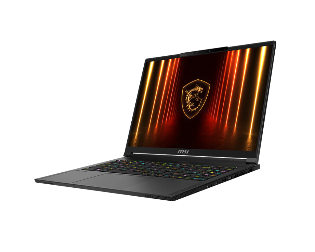 Keyboard & Trackpad image of Close-up photo of someone typing on the MSI Stealth 16 AI Plus 2026 keyboard, showing key layout, RGB lighting, and trackpad detail