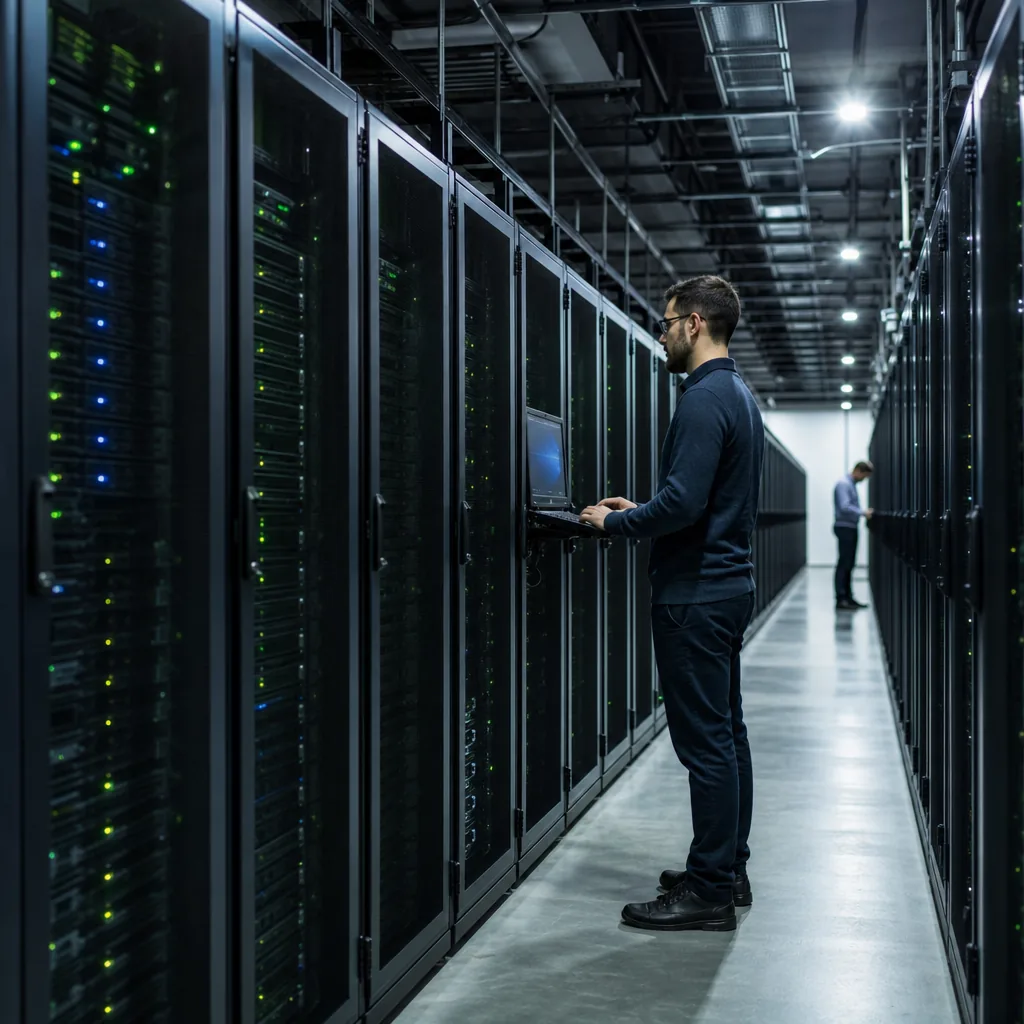 Aerial view of a large hyperscale data centre complex with cooling infrastructure