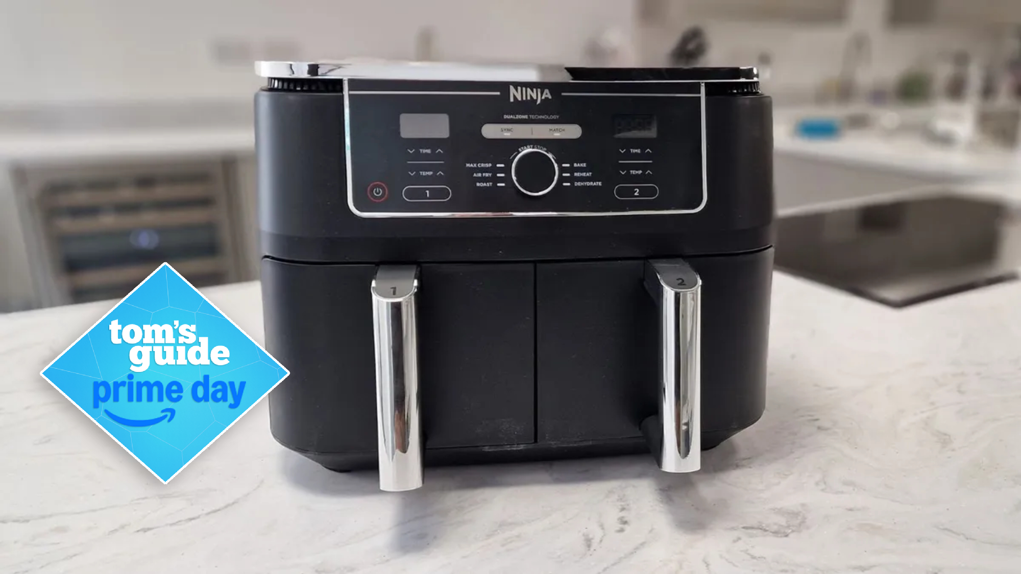 Hands-on image of Photo of a person using the Ninja Double Stack XL in a kitchen, loading or removing food from the stacked baskets