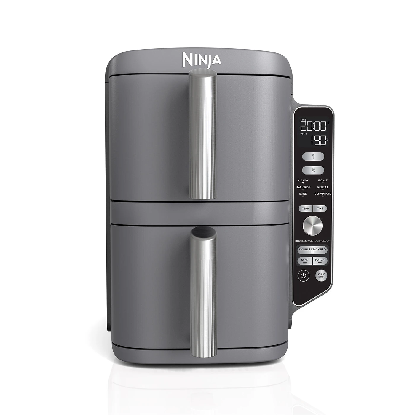Overview image of Front view product shot of the Ninja Double Stack XL clearly showing its dual-basket stacked design and control panel