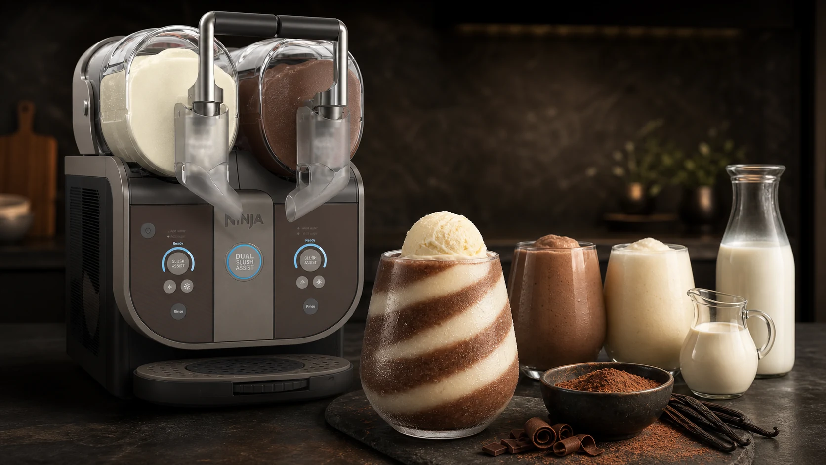 Chocolate and vanilla milkshakes beside an accurate dual-vessel Ninja SLUSHi Twist