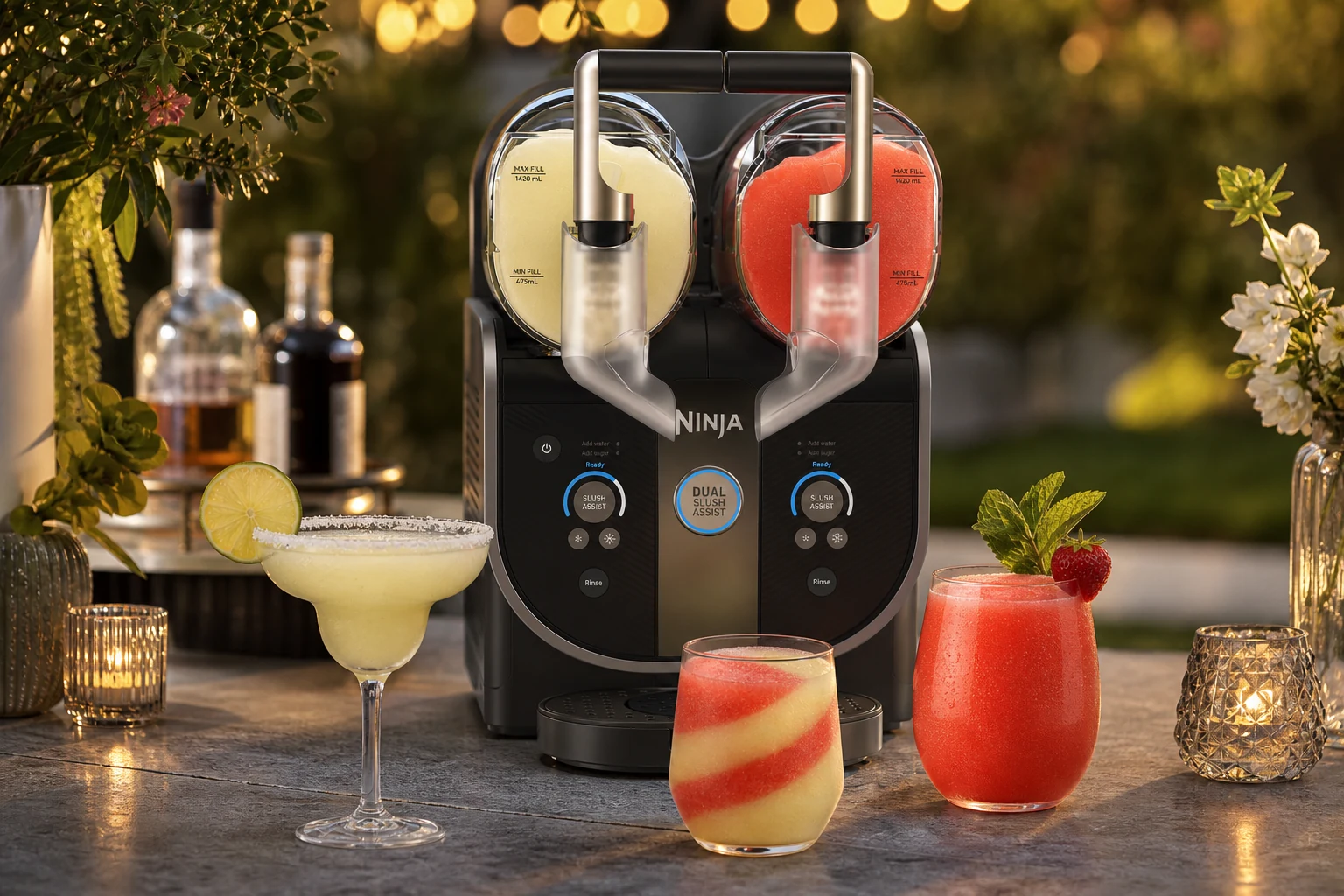 Frozen lime margarita and strawberry mocktail served beside a Ninja SLUSHi Twist at a garden party