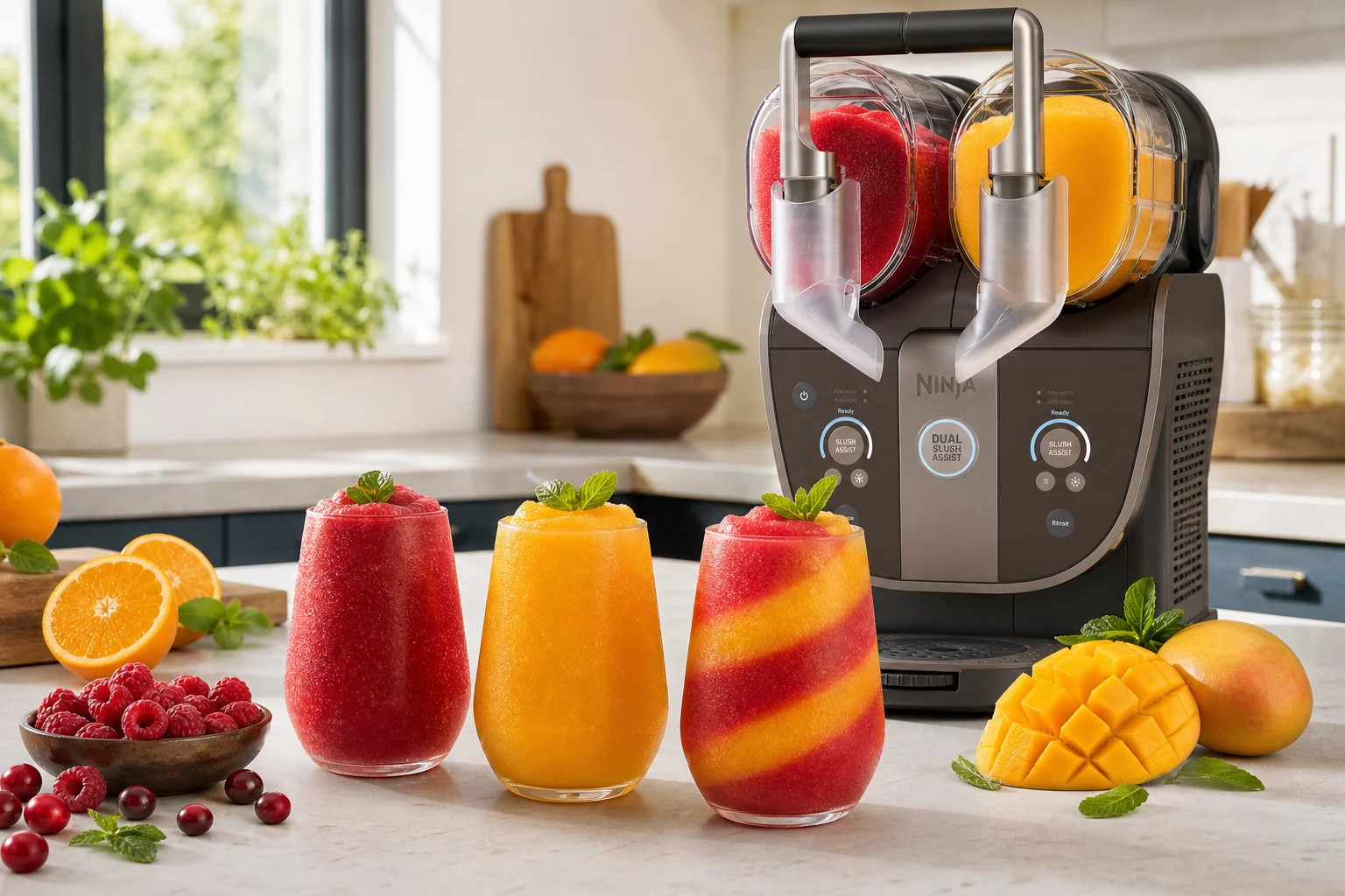 Ninja SLUSHi Twist with cranberry raspberry and orange mango fruit slushes in three glasses