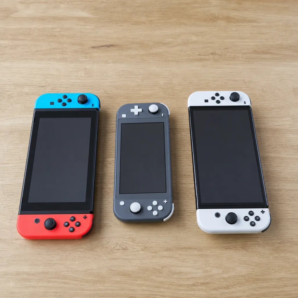 Nintendo Switch console with detached Joy-Con controllers on a wooden desk