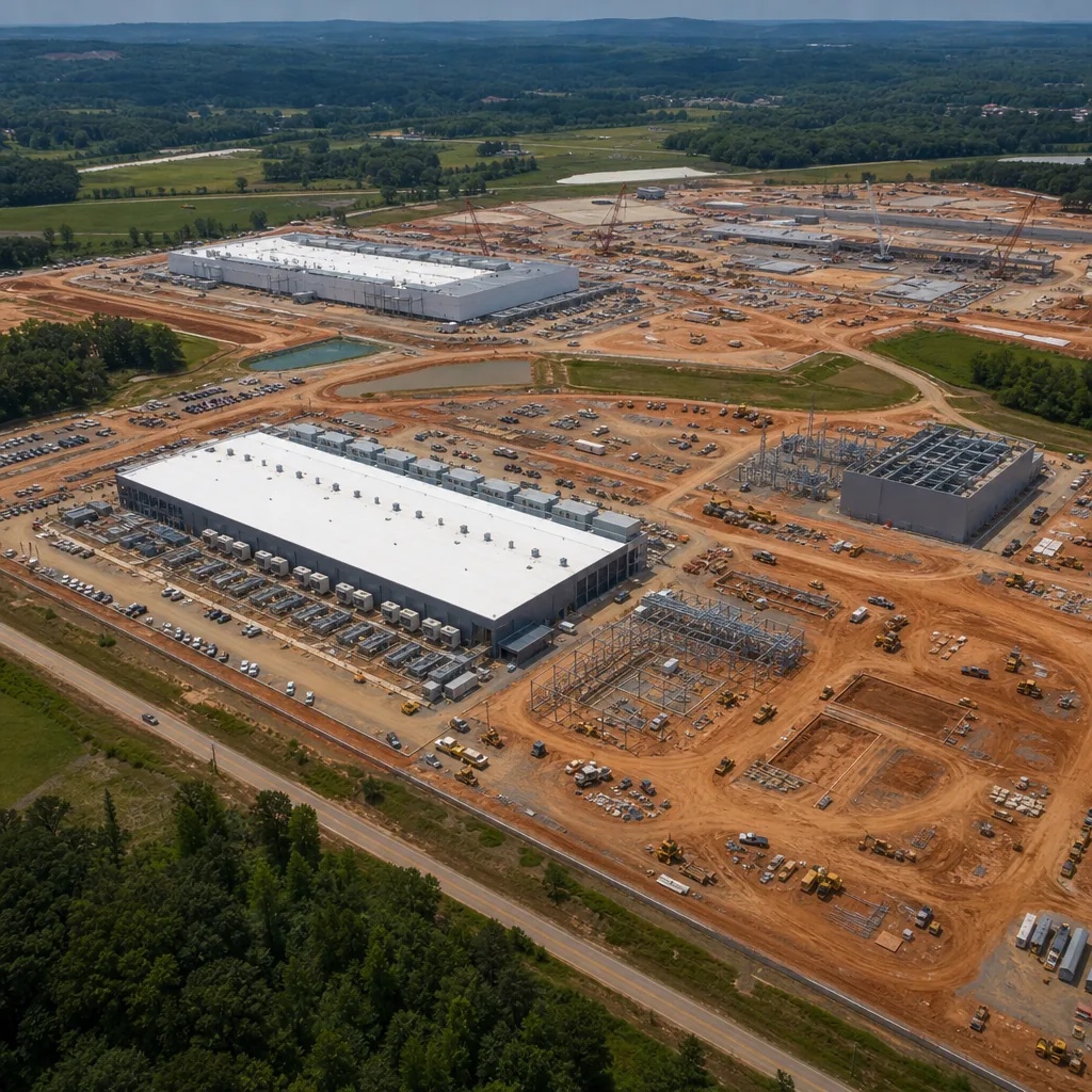 Data centre construction site beside electricity transmission infrastructure