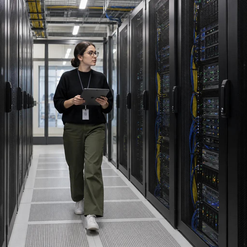 Researcher walking through a university data centre with server racks