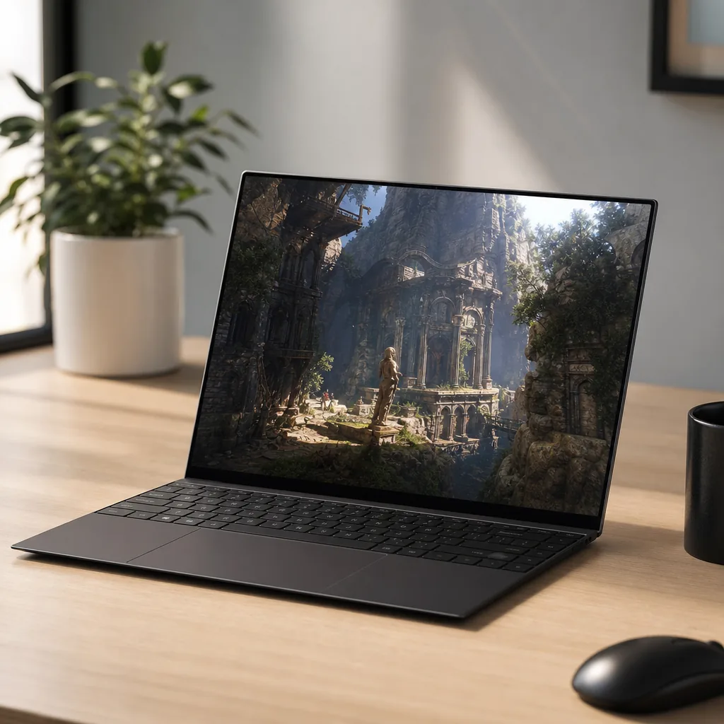 Slim aluminium laptop with a bright display open on a wooden desk