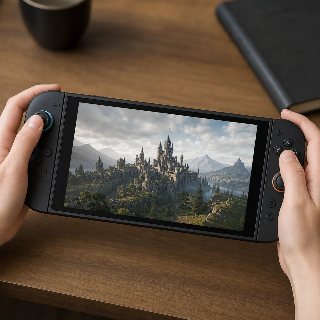 Hands holding a Nintendo Switch 2-style handheld displaying a fantasy landscape