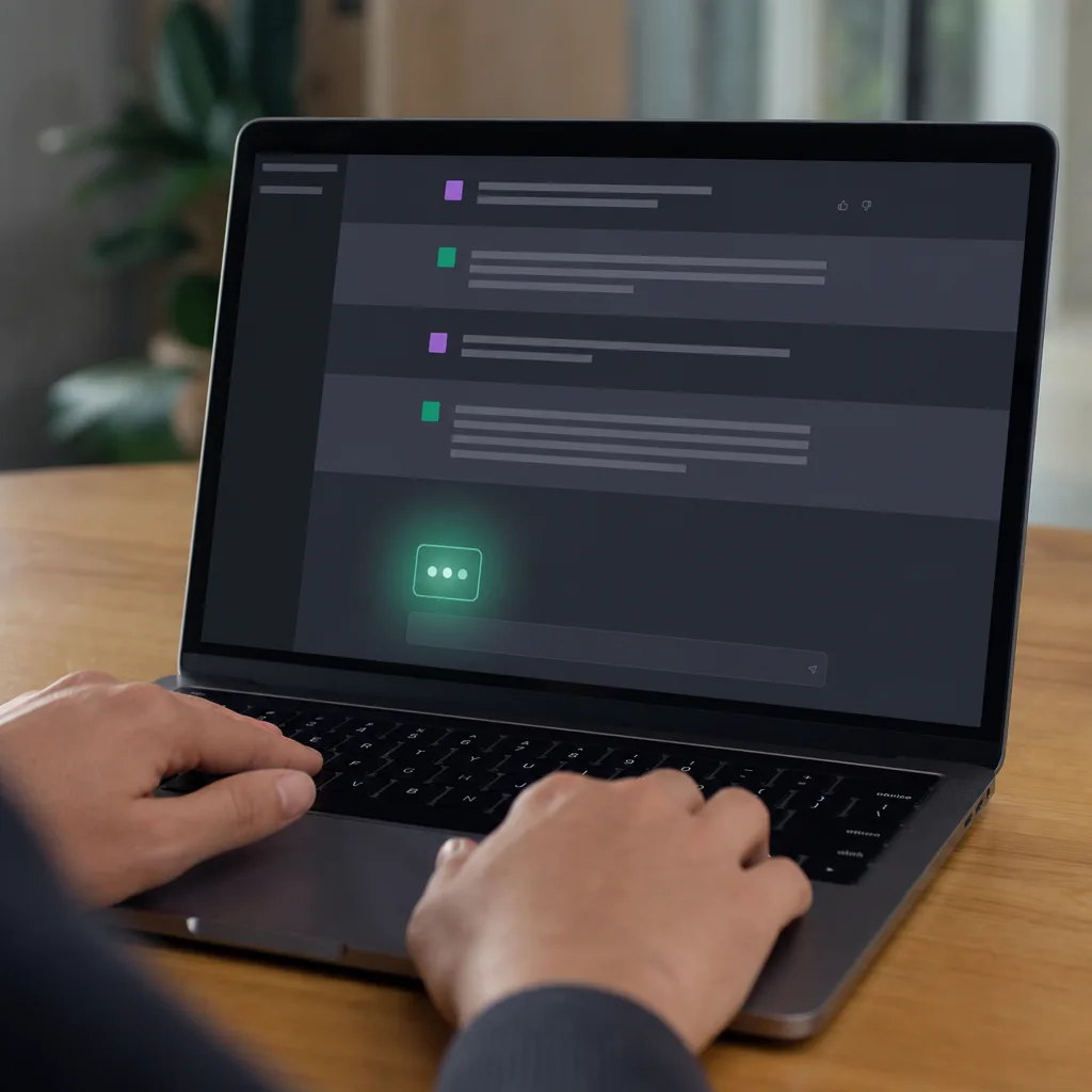 Laptop screen showing an AI chat interface with a blinking cursor in a darkened room