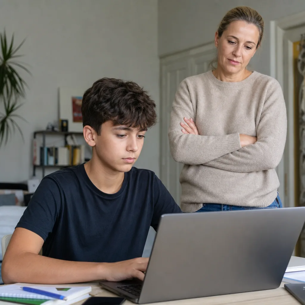 Teenager studying on a laptop at home while a parent stands nearby