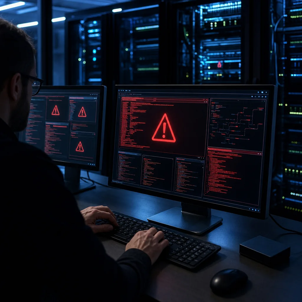 Cybersecurity analyst monitoring servers in an operations centre