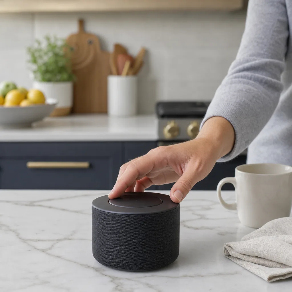 A compact white smart speaker on a kitchen worktop