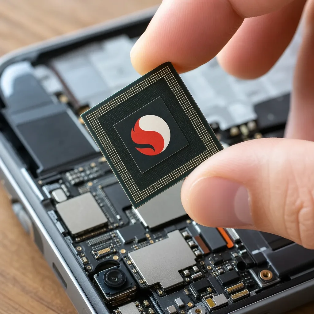 A smartphone processor and memory chips on a circuit board