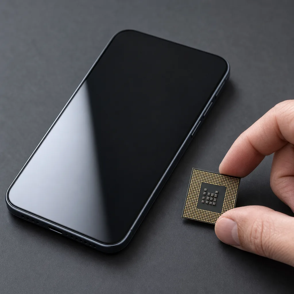 An unbranded smartphone beside a mobile processor chip