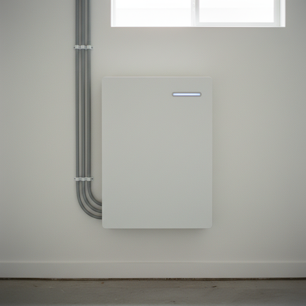 A clean home battery storage unit mounted on a garage wall as part of a solar installation