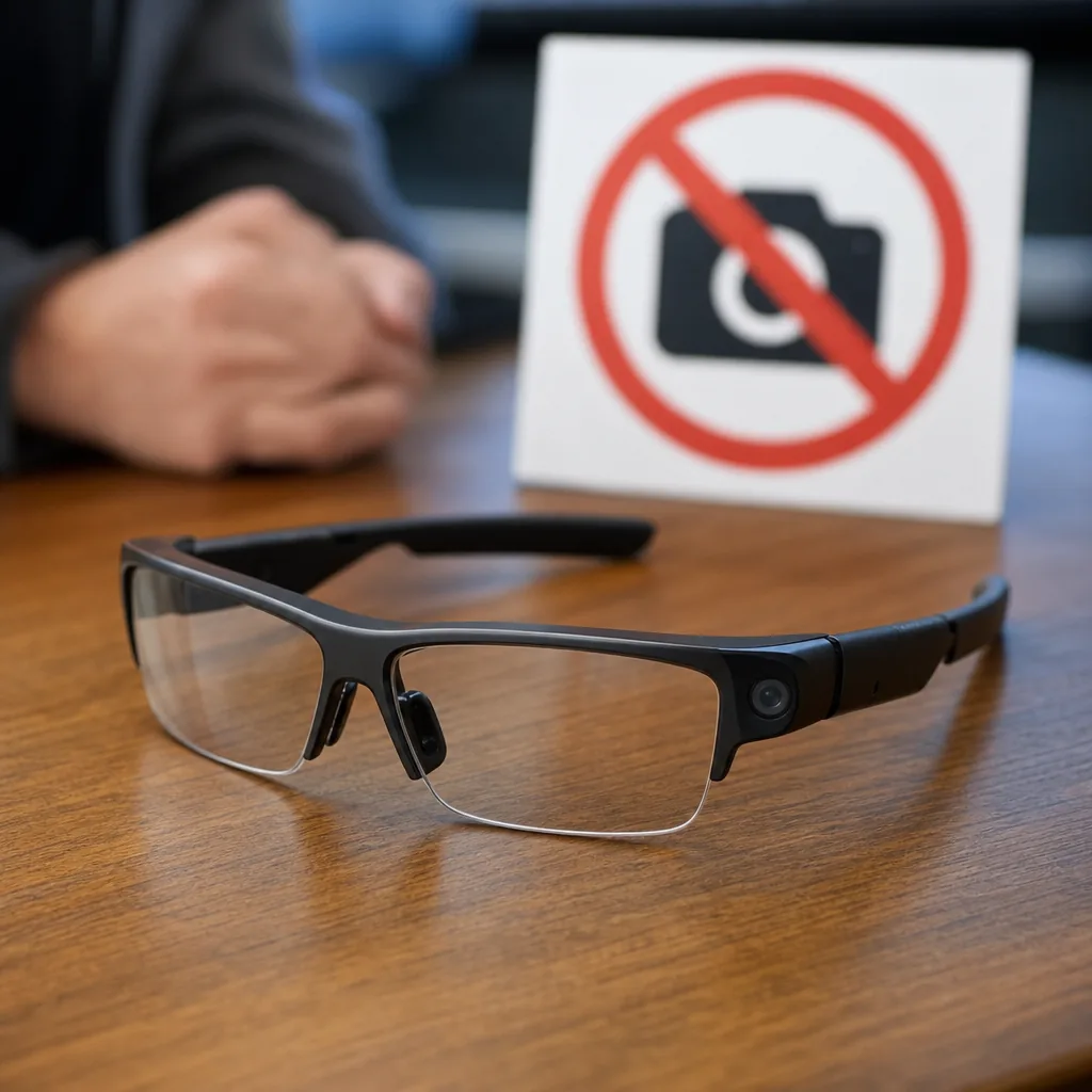 Display-free smart glasses beside a smartphone on a table