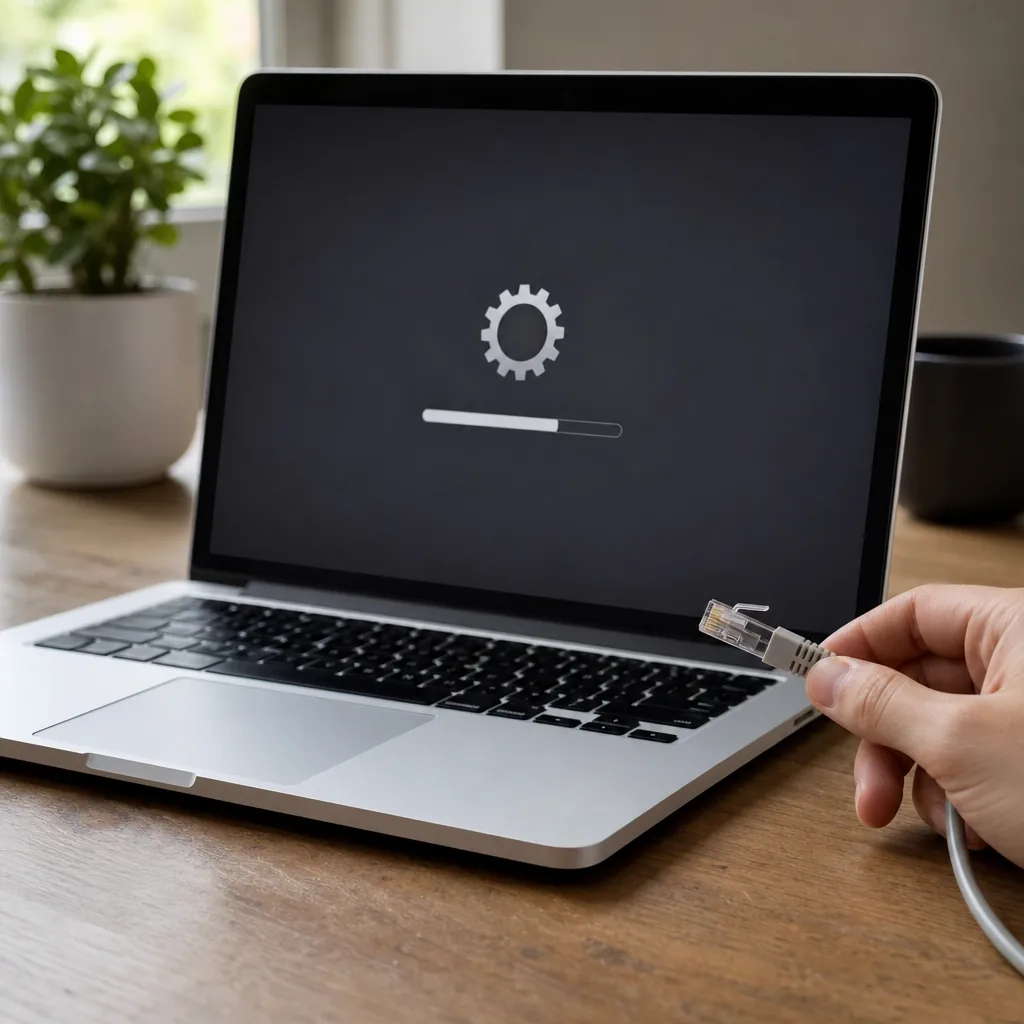 Laptop beside a broadband router in a home office